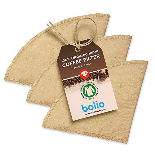Organic Hemp Cone Coffee Filter Reusable and Great for Making Smooth Natural Tasting Pour Over Coffee Eco-Friendly Bacteria Resistant Material Suit with Bolio Chemex Coffee Gator Carafe (No.4, 3-pack)