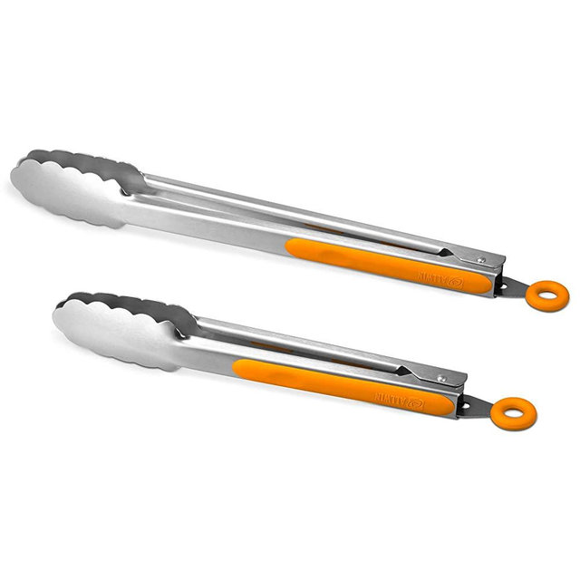 304 Stainless Steel Kitchen Cooking Tongs, 9" and 12" Set of 2 Sturdy Grilling Barbeque Brushed Locking Food Tongs with Ergonomic Grip, Orange