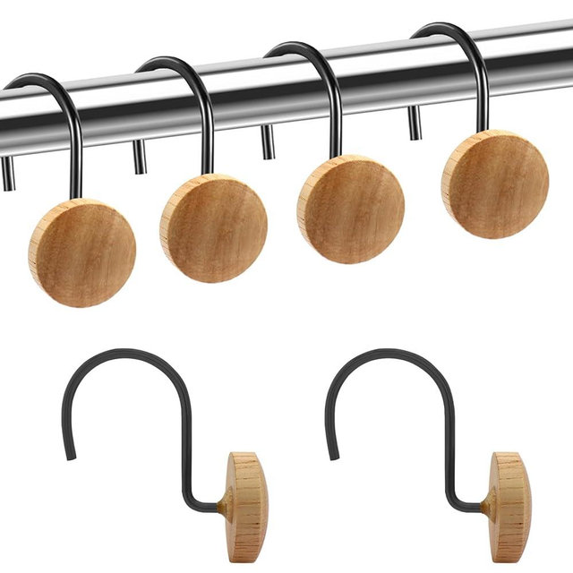 Shower Curtain Hooks, Wood Decorative Shower Curtain Rings, Modern Round Log Shower Curtain Hangers, 12PCS Shower Hooks for Shower Curtain Rod, Bedroom, Living Room (Black 1)