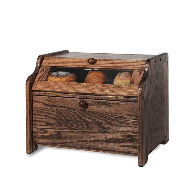 CONSDAN Bread Box, Solid Wood Oak Bread Box for Kitchen Countertop, Double Layer Bread Container for Bread Storage, Large Capacity Breadbox with Clear Window, Chocolate