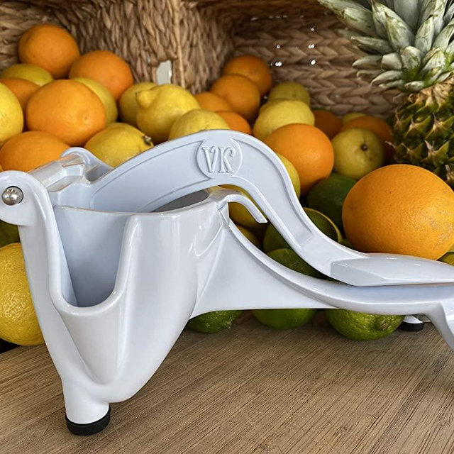 Vintage Kitchen's The Press, All White Powder Coated Cast Aluminum Fruit Press. Citrus Fruit Press