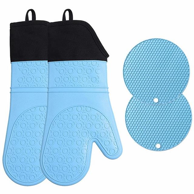 Silicone Oven Mitts and Pot Holders Sets, Extra Long Professional Heat Resistant Oven Gloves with Hot Pads, Quilted Liner, Non-Slip Textured Grip Safe for Kitchen Baking Cooking , 4-Piece Set (Blue)