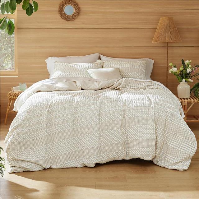 Bedsure 100% Stone Washed Cotton Duvet Cover Queen - Beige Classic Waffle Weave Duvet Cover Set, Vintage Charm and Breathable 3 Pieces Bedding Set with Zipper Closure (Queen, 90"x90")