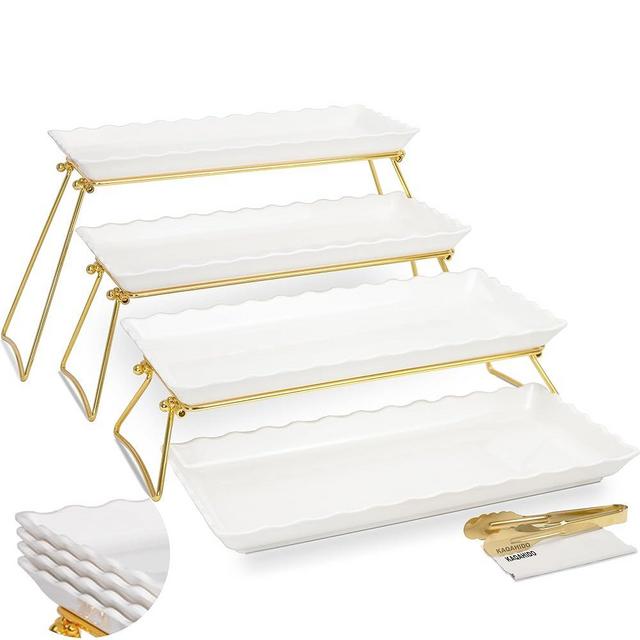KAQAHIDO Extra Large 4 Tier Serving Tray Set, 34x22x10 inch Wave Edge Melamine Dessert Table Display Set, Tiered Trays Stand for Party Buffet Entertaining, Gold and White