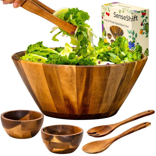 SenseShift Wooden Salad Bowl Set - 12" Acacia Wood Bowl, 2 Small Sause Bowls, 3 Serving Utensils with Salad Tongs, Spoon, Fork - Fruit Bowl for Kitchen Counter, Mixing Bowl for Salad and Pasta