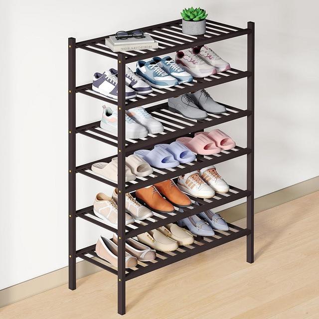 Smiry Bamboo Shoe Rack for Closet, 6 Tier Wooden Shoe Organizer, Stackable 14 Vertical Slats Wood Shoe Storage Shelf for Entryway, Two-piece Heavy-Duty Legs, 26.8"x11"x36.6", Brown