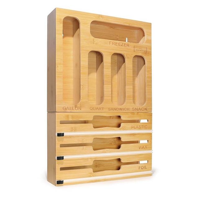 THE HOME FRONT 8-in-1 Bamboo Storage Bag Organizer For Kitchen Drawer Or Wall, Plastic Wrap, Foil, Wax Paper Dispenser With Razor Cutter, Fits Gallon, Quart, Sandwich, & Snack Ziplock Bags