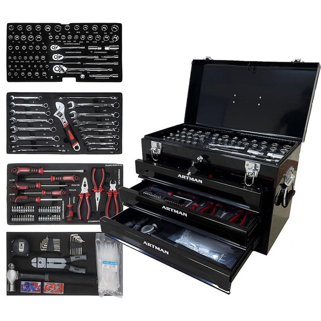 Campfun Tool Set 439pcs, Mechanic Tool Set for Home, Tool Box Set 4-Tier Socket Wrench Ratchet Plier Nails, Home Tool Set Mechanics Kit with 3 Drawers for Adults Man Handyman, Black