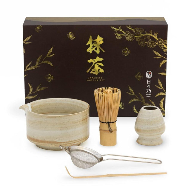 HIBINO Japanese Matcha Set - Matcha Bowl with Spout, Matcha Whisk and Holder, Bamboo Matcha Scoop and Stainless Sifter - 5 Pcs - Traditional Matcha Kit - Designed in Japan -「Rustic Beige」