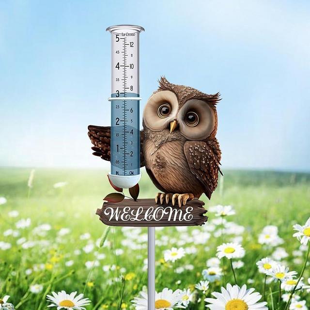 Owl Rain Gauge, Thickened Transparent Plastic Rain Gauge Outdoor Best Rated, Owl Rain Water Meter, Tall Rain Gauge with Ground Stake and Metal Frame for Garden