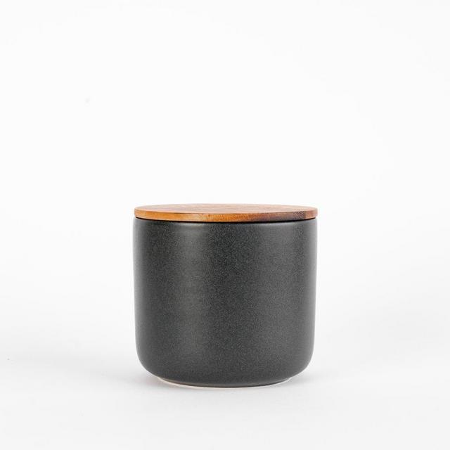 Black Stoneware Container with Acacia Lid - LARGE