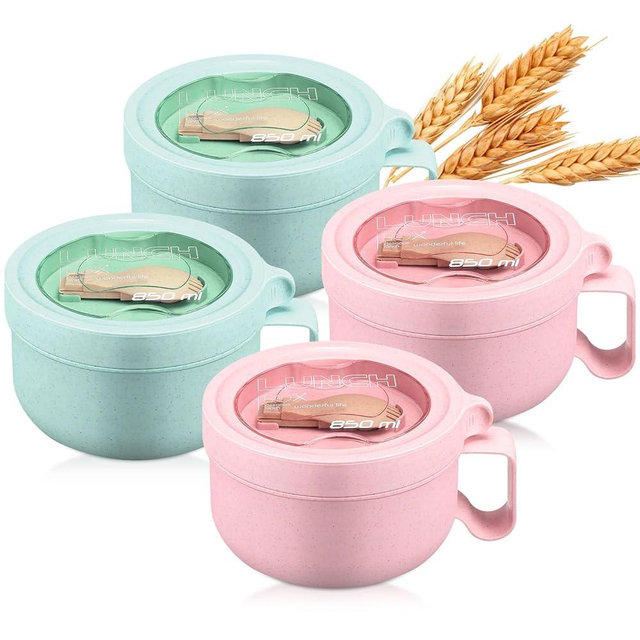 Maxdot 4 Pcs Microwave Ramen Bowl Microwavable Instant Soup Cups with Lids Large Soup Bowls with Handles Dishwasher Safe Mug for Cereal Food Container(Pink, Green)
