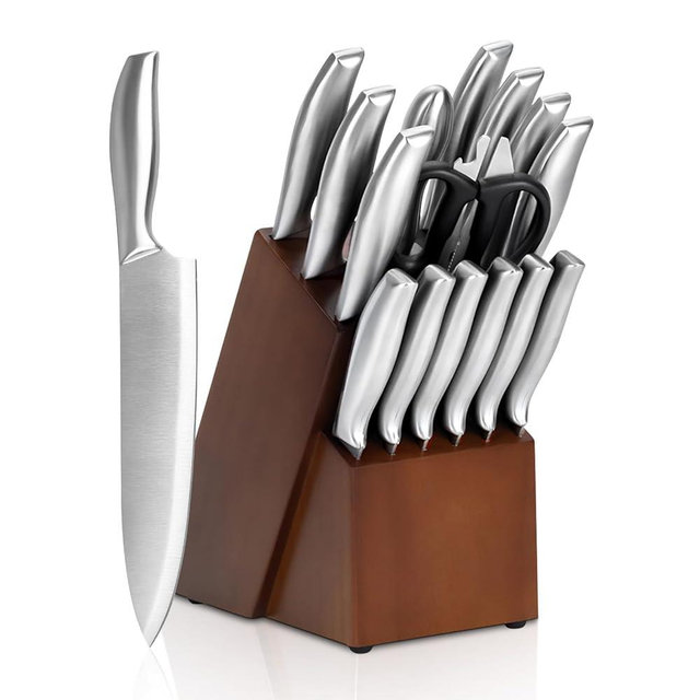 MDHAND Kitchen Knives Set with Block, 16 Pieces Knife Set with Block and Sharpener, Ultra Sharp High Carbon Stainless Steel Professional Knife Set, Dishwasher Safe, Anti-slip Handle, Silver