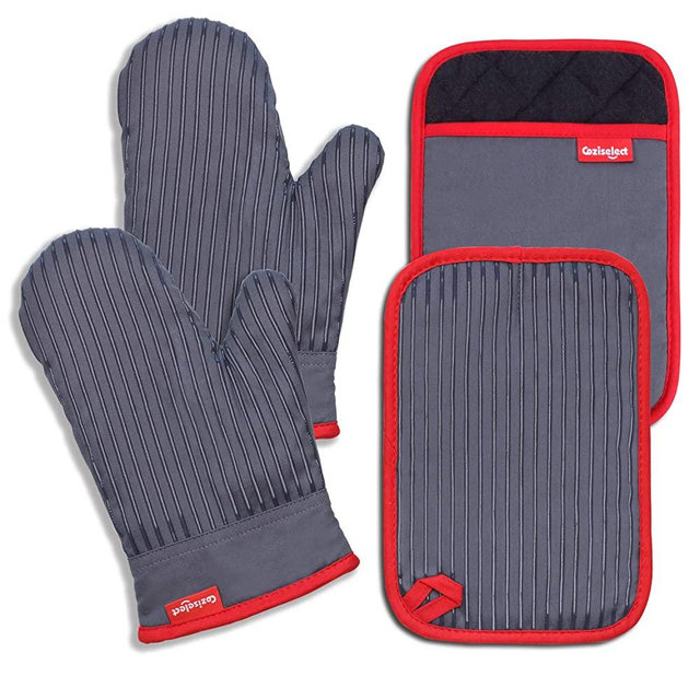 Coziselect Oven Mitts and Pot Holders Set, with Heat Resistance of Silicone, Flexibility of Pure Cotton and Terrycloth Lining, 500 F Heat Resistant, Grey