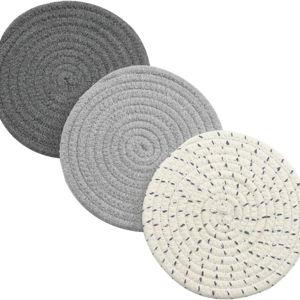 Potholders Set Trivets Set 100% Pure Cotton Thread Weave Hot Pot Holders Set (Set of 3) Stylish Coasters, Hot Pads, Hot Mats,Spoon Rest For Cooking and Baking by Diameter 7 Inches (Gray)