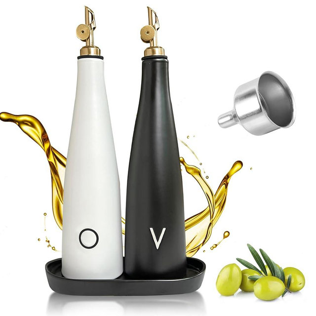 Ceramic Oil and Vinegar Dispenser Set, Premium Olive Oil Bottle for Kitchen with Vinegar Dispenser Bottle, Ceramic Olive Oil Container With Mess-free Gold Auto Closing Spout and Tray