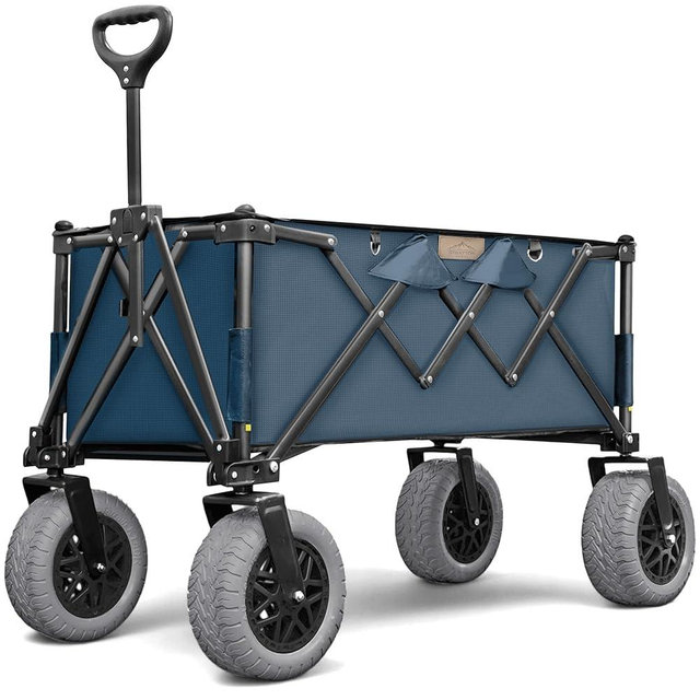 Folding Beach Wagon with Big All-Terrain Wheels for Off-Road Use (Sand/Gravel/Camping Trails) Extra Large Utility Cart with 9" Heavy-Duty Rubber Tires [Outland-XL by Stratton Forge] Blue