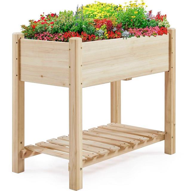 Yaheetech 34x18x30in Raised Garden Bed, Planter Box with Legs & Storage Shelf, Wooden Elevated Vegetable Growing Bed for Backyard, Patio, Balcony