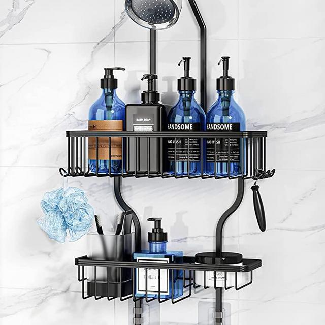 YASONIC Shower Caddy Over Shower Head Never Rust Aluminum Large Hanging Shower Caddy with 10 Hooks for Razor/Sponge - Over The Shower Head Caddy with Soap Basket - Hanging Shower Organizer Black