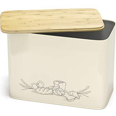 Extra Large Space Saving Vertical Bread Box With Eco Bamboo Cutting Board Lid - Holds 2 Loaves - Cream Extra Large Farmhouse Breadbox Bread Holder By Cooler Kitchen
