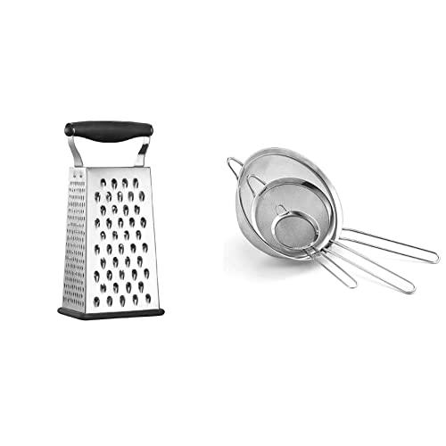 Cuisinart Boxed Grater, Black, One Size & Set of 3 Fine Mesh Stainless Steel Strainers