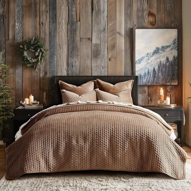 EverGrace Luxury Velvet Quilt Set King Size 3 Piece, Soft Cross-Stitch Velvet Comforter Set with Pillow Shams, Lightweight Coverlet Bedspread Bedding Set for All Seasons, Tobacco Brown