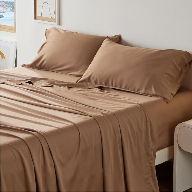 Bedsure Lyocell Cotton Sheet Set - Cooling Bed Sheets Queen, Silky Soft and Breathable Eucalyptus Sheets with Deep Pocket, 4 Pieces, Taupe Sheets, Luxury Hotel Bedding Set
