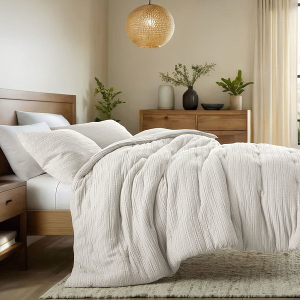 Waffle Textured Comforter Set All Season Down-Alternative Ultra Soft Bedding - Becky Cameron, Dune, King/California King