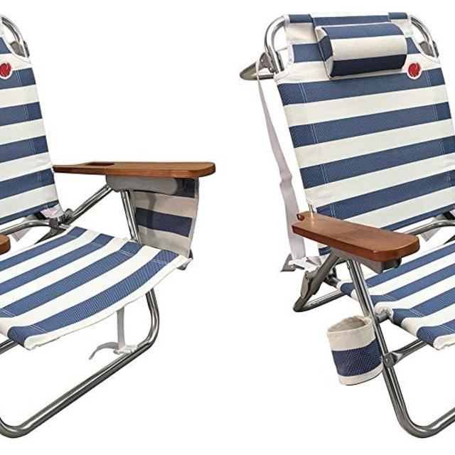 OmniCore Designs Multi-Position Wood Arm Beach Chair (2-pk) | Headrest, Media Organizer Pocket, Cup Holder, textilene Fabric, Dual Backpack Carry Straps | Outdoor Patio and Camping Chair