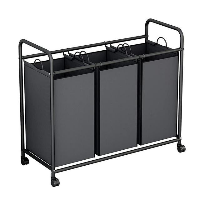 LINZINAR 3-Bag Laundry Sorter,Laundry Hamper Cart with Heavy Duty Rolling Lockable Wheels and Removable Bags (Black)