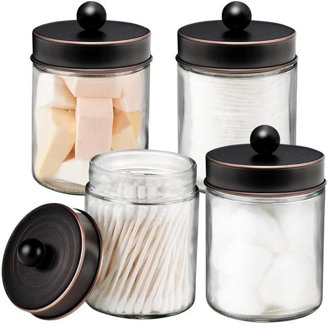 4 Pack Apothecary Jars Bathroom Vanity Storage Organizer Set-Countertop Canister with Stainless Steel Lids &Cute Stickers -Qtip Dispenser Holder for Qtips,Cotton Swabs,Makeup Sponge(Oil Rubbed Bronze)