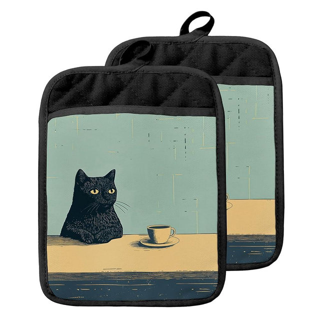GOOZHO Vintage Coffee Black Cat Pot Holders with Pockets, Cat Kitchen Decor, Retro Quirky Black Kitten Oven Pot Holders Heat Resistant Oven Mitts Hot Pads for Kitchen Baking Cooking