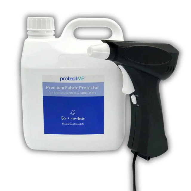 protectME Fabric Protector and Stain Guard Non Toxic Water Based Non Flammable Refill 84.5 fl ounces with Battery Sprayer for Upholstery Carpet Shoes