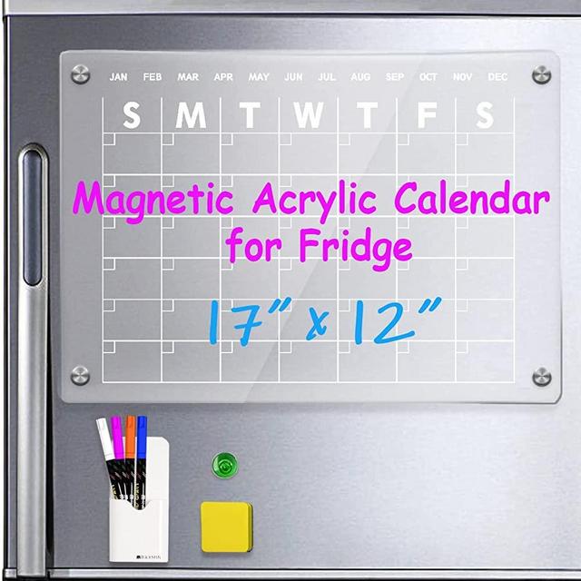Magnetic Acrylic Calendar for Fridge 17"x12" Clear Dry Erase Calendar Board for Refrigerator Includes 4 Dry Erase Markers and Eraser