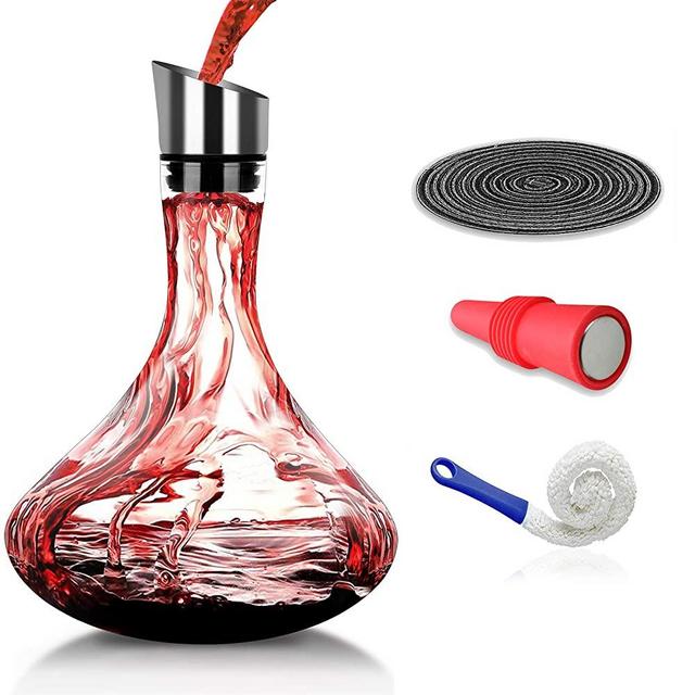Lestaven Wine Decanter Wine Breather Large capacity Hand-Blown Aerating Wine Glass Set, 1800 ML / 54 Ounce Aerating Carafe with Aerator Pourer Lid 100% Lead-free - Best Wine Gift - Wine Accessories