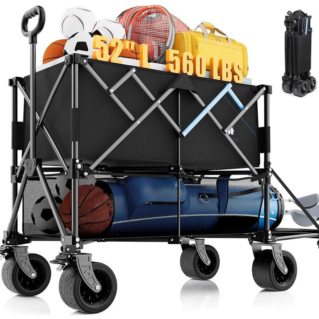 Homebetta 52" Heavy Duty Double-Layer Wagon with Brakes,560LBS Double Decker Wagon,650L Collapsible Wagons Carts with All-Terrain Big Wheels for Sports,Camping,Fishing,Transport