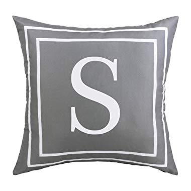 BLEUM CADE Gray Pillow Cover English Alphabet S Throw Pillow Case Modern Cushion Cover Square Pillowcase Decoration for Sofa Bed Chair Car 18 x 18 Inch
