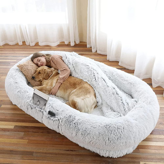 YAEM Human Dog Bed, 71"x45"x14" Dog Beds for Humans Size Fits You and Pets, Washable Faux Fur Human Dog Bed for People Doze Off, Napping Orthopedic Dog Bed, Present Plump Pillow, Blanket, Strap-Grey