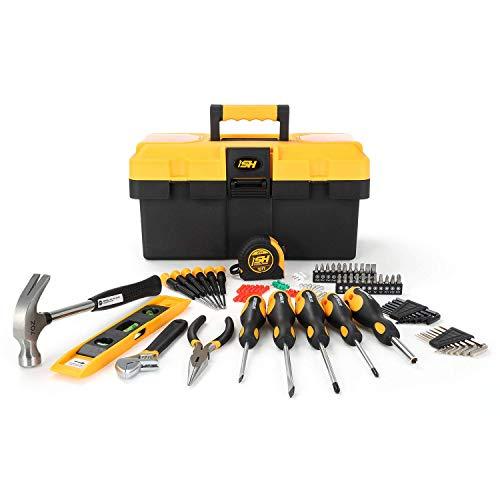 STEELHEAD 87-Piece Tool Set, Screwdriver Handle, 11 Bits, Magnetic Screwdrivers, Pliers, Tape Measure, 9” Torpedo Level, Hammer, Wrenches, Rugged 14” Tool Box, Home, Office, Dorm, USA-Based Support