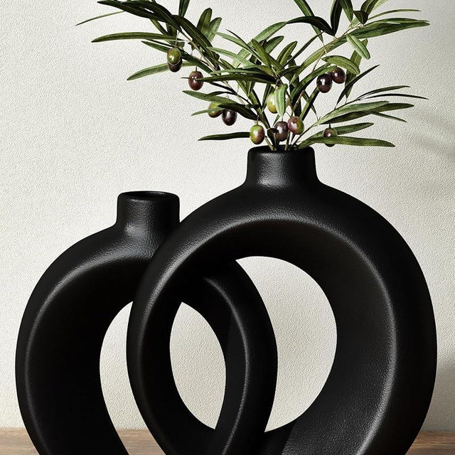 Round Donut Vase Set of 2 - Minimalist Nordic Modern Ceramic Decorative Black Vases For Home Office Book Shelf,Table Decor for Living Room,Coffee,Tv Stand Entry Console Mantle Decoration (Matte Black)