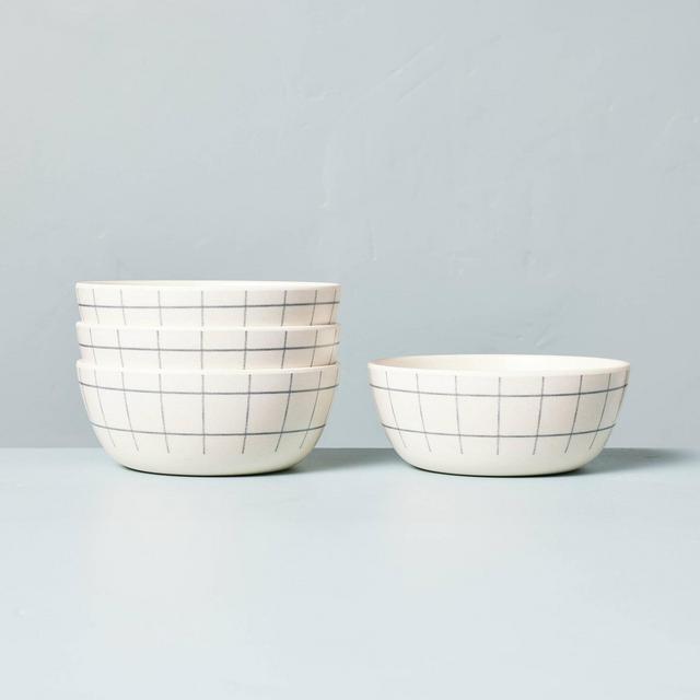 4pk Grid Lines Bamboo-Melamine Bowls Cream/Blue - Hearth & Hand™ with Magnolia