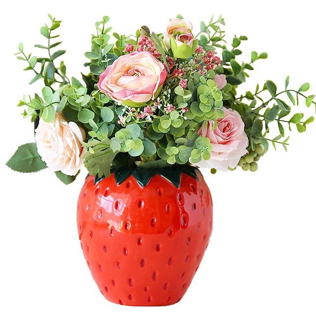 Strawberry Flower Vase, Creative and Cute Strawberry Ceramic Cute Flower Vase, Unique Strawberry Kitchen Decor Vase Ceramic Strawberry Vase for Flowers, Suitable for Living Room, Kitchen, Garden