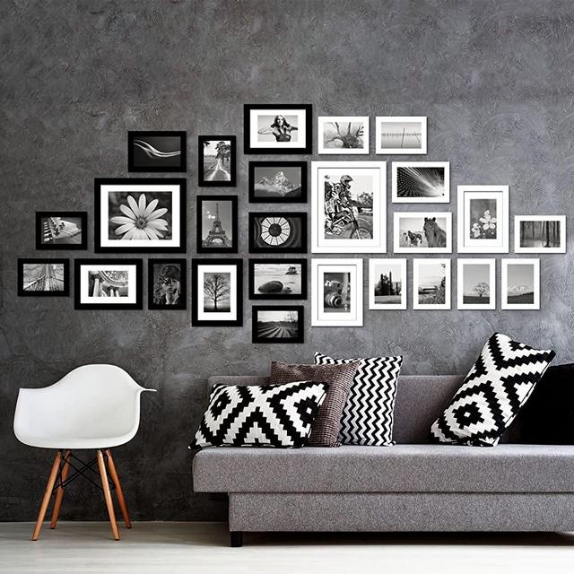 Voilamart Picture Frames Set of 26, Multi Pack Photo Frame Set Wall Gallery Kit - Display Two 8x10 in, Five 5x7 in, Seven 4x6 in, Twelve 3.5x5 in, with Wall Template and Hanging Hardware, Black&White
