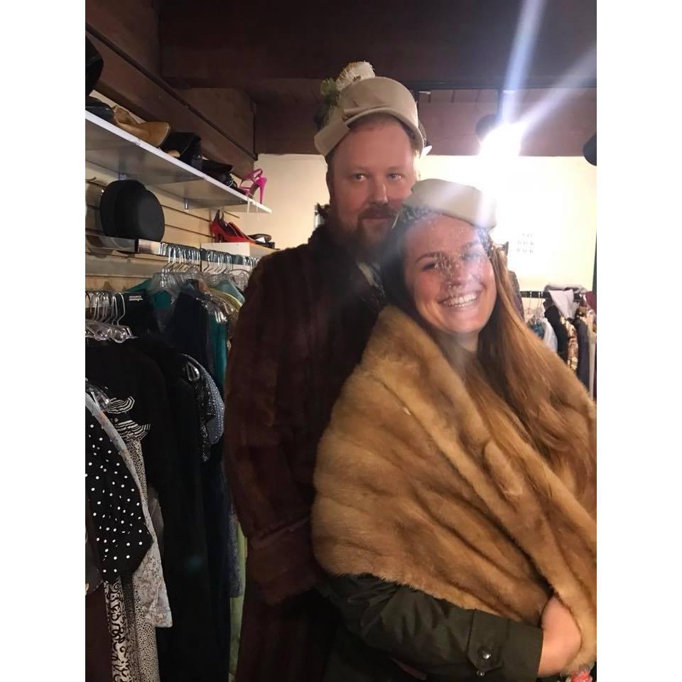 Trying on ridiculous items  at a local consignment store has become routine for us while going to the Ballard farmer's market