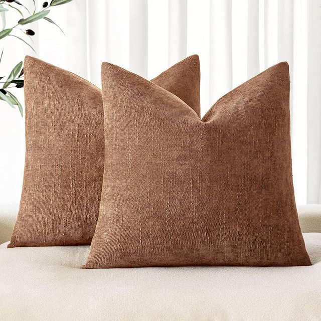 MIULEE Pack of 2 Decorative Throw Pillow Covers Soft Chenille Throw Pillows Solid Neutral Farmhouse Textured Cushion Covers Morden Home Decor for Couch Sofa Bedroom Living Room 18x18 Inch,Pecan Brown