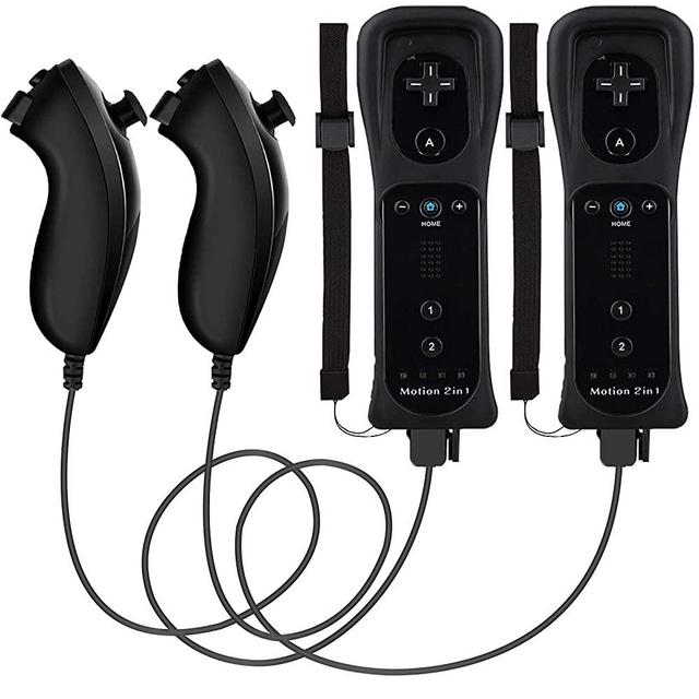 Wii Controller 2 Pack, Wii Remotes with Motion Plus and Nunchucks Compatible with Wii & Wii U Console, Wireless Remote come with Silicone Case and Wrist Strap (2 Black)