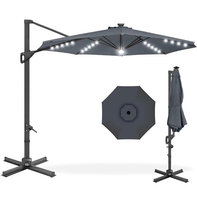 Best Choice Products 10ft Solar LED Cantilever Patio Umbrella, 360-Degree Rotation Hanging Offset Market Outdoor Sun Shade for Backyard, Deck, Poolside w/Lights, Easy Tilt, Cross Base