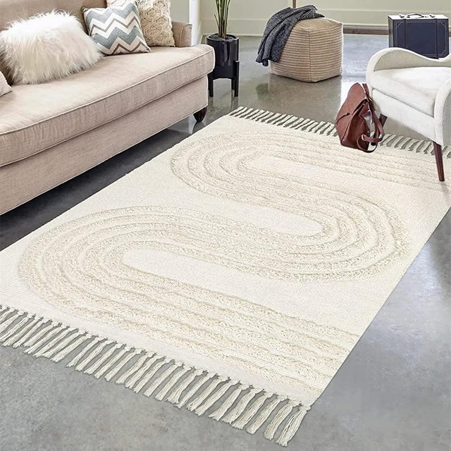 Boho Area Rug 4' x 6' Washable Cotton Bedroom Rug,Beige Woven Linear Tufted Nursery Rug with Tassels, Accent Farmhouse Indoor Carpet for Living Room Entryway Porch Dorm