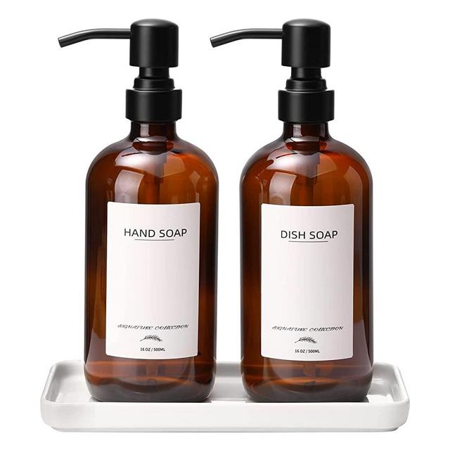 Glass Soap Dispenser with Ceramic Vanity Tray and Stainless Steel Pump, Kitchen Soap Dispenser Set with 6 Waterproof Labels, Dish Soap and Hand Soap Dispenser for Kitchen Sink Bathroom Farmhouse