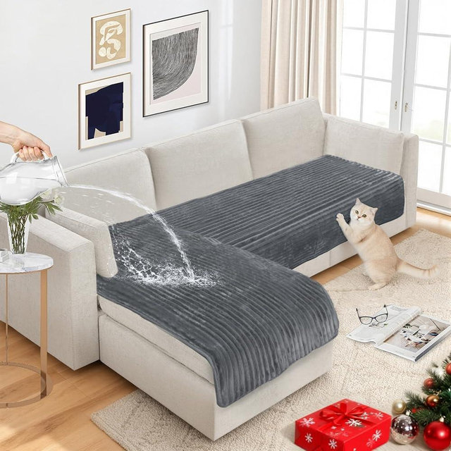 NAISI Couch Covers for Dogs Waterproof Flannel Striped Sofa Cover Pet Friendly Washable Dog Mat for Couch Anti Slip Sectional Sofa Slipcover Protector(2pcs/35"x63"+35"x70",Dark Grey)